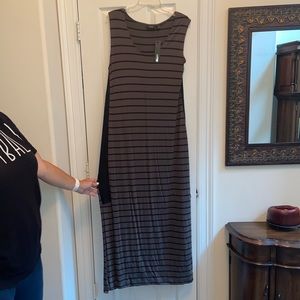 army green and black striped sleeveless maxi dress